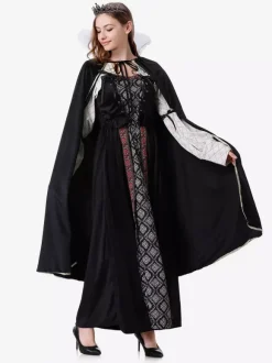 Halloween Ensemble de robe cape rétro noire pour costumes de vacances