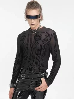 Halloween Haut transparent sexy à col mi-haut et à manches longues pour homme style gothique punk foncé