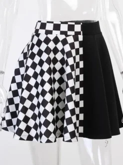 Halloween Jupe Gothique Pour Femmes Chaînes Noires Oeillets Hip Hop Polyester Motif À Carreaux Mini Jupe