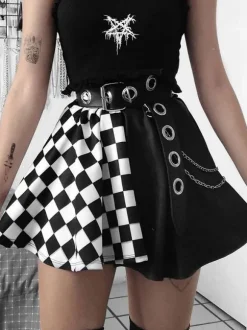 Halloween Jupe Gothique Pour Femmes Chaînes Noires Oeillets Hip Hop Polyester Motif À Carreaux Mini Jupe