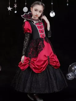 Halloween Polyester Fibre Tea Party 3/4 Longueur Manches Polyester Combinaison Robes Lolita rouges rouges gothiques