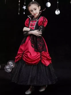 Halloween Polyester Fibre Tea Party 3/4 Longueur Manches Polyester Combinaison Robes Lolita rouges rouges gothiques