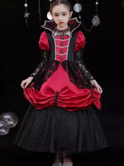 Halloween Polyester Fibre Tea Party 3/4 Longueur Manches Polyester Combinaison Robes Lolita rouges rouges gothiques