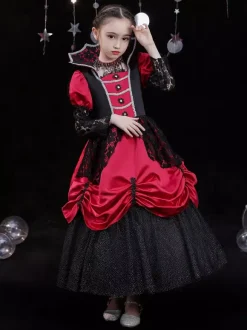 Halloween Polyester Fibre Tea Party 3/4 Longueur Manches Polyester Combinaison Robes Lolita rouges rouges gothiques