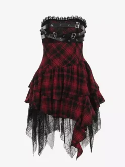 Halloween Robe gothique pour femme bordeaux avec 艙illets et volants en dentelle et tunique punk en polyester