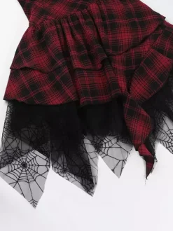 Halloween Robe gothique pour femme bordeaux avec 艙illets et volants en dentelle et tunique punk en polyester