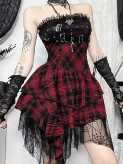 Halloween Robe gothique pour femme bordeaux avec 艙illets et volants en dentelle et tunique punk en polyester