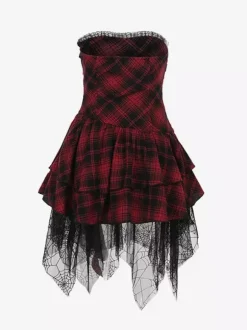 Halloween Robe gothique pour femme bordeaux avec 艙illets et volants en dentelle et tunique punk en polyester
