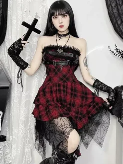 Halloween Robe gothique pour femme bordeaux avec 艙illets et volants en dentelle et tunique punk en polyester