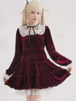 Halloween Robe Lolita en dentelle décolleté manches longues volants en velours robe gothique
