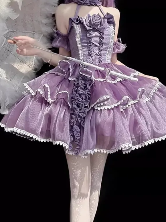Halloween Robes gothiques Lolita à n艙uds et volants robes violettes à blocs de couleurs