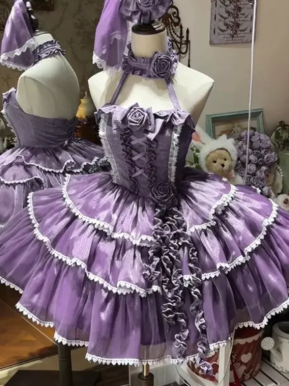 Halloween Robes gothiques Lolita à n艙uds et volants robes violettes à blocs de couleurs