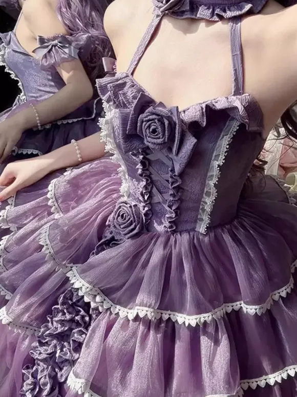 Halloween Robes gothiques Lolita à n艙uds et volants robes violettes à blocs de couleurs