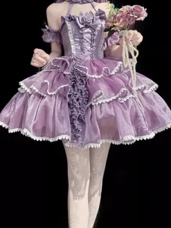 Halloween Robes gothiques Lolita à n艙uds et volants robes violettes à blocs de couleurs