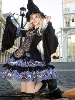 Halloween Robes gothiques Lolita à volants appliqués et imprimé floral noir noir