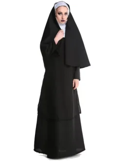 Halloween Costume de nonne d'halloween pour les femmes robe longue à capuche noire chapeaux Costume de vacances ensemble complet