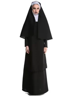 Halloween Costume de nonne d'halloween pour les femmes robe longue à capuche noire chapeaux Costume de vacances ensemble complet
