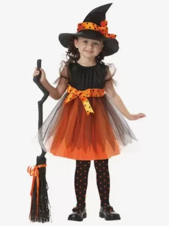 Halloween Costume De Sorcière Enfants Déguisements Halloween Robes De Tulle Orange Et Chapeau Pour Les Petites Filles Robe de Princesse Fille