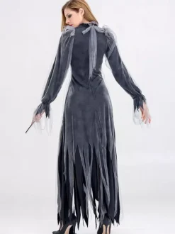 Halloween Costumes de mariée fantôme d'Halloween pour les femmes Robe longue en dentelle noire Polyester Vacances Costumes de mort