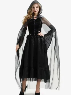 Halloween Costumes de sorcière d'Halloween pour les femmes Robe longue en tulle noire Cape Polyester Costumes de vacances Ensemble complet