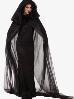 Halloween Costumes de sorcière femmes chapeaux effrayants noirs robe tunique en polyester ensemble 3 pièces Déguisement Halloween