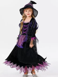 Halloween Costumes d'Halloween pour enfants Ensemble de polyester violet pour Halloween Robe pour enfants Chapeau