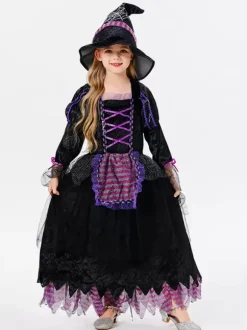 Halloween Costumes d'Halloween pour enfants Ensemble de polyester violet pour Halloween Robe pour enfants Chapeau