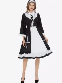 Halloween Ensemble De Costumes De Soubrette Déguisement Robe À Volants Noire Collier