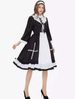 Halloween Ensemble De Costumes De Soubrette Déguisement Robe À Volants Noire Collier