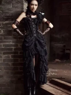 Halloween Jupe Gothique 2026 Noir Plissés Dentelle Femmes Coton Jupe Rétro Déguisements Halloween