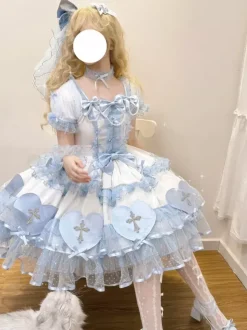 Halloween rentrée scolaireRobes gothiques Lolita avec n艙uds et perles blocs de couleurs rose et bleu ciel clair