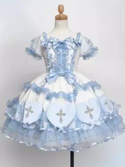 Halloween rentrée scolaireRobes gothiques Lolita avec n艙uds et perles blocs de couleurs rose et bleu ciel clair