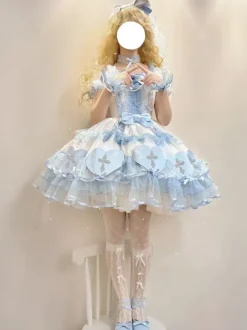 Halloween rentrée scolaireRobes gothiques Lolita avec n艙uds et perles blocs de couleurs rose et bleu ciel clair
