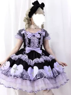Halloween rentrée scolaireRobes gothiques Lolita avec n艙uds et perles blocs de couleurs rose et bleu ciel clair