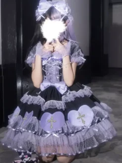 Halloween rentrée scolaireRobes gothiques Lolita avec n艙uds et perles blocs de couleurs rose et bleu ciel clair
