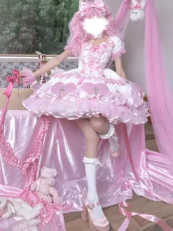 Halloween rentrée scolaireRobes gothiques Lolita avec n艙uds et perles blocs de couleurs rose et bleu ciel clair