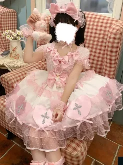 Halloween rentrée scolaireRobes gothiques Lolita avec n艙uds et perles blocs de couleurs rose et bleu ciel clair
