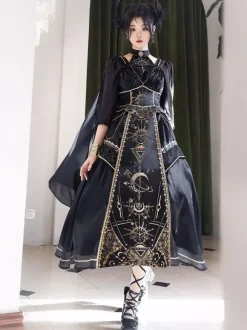 Halloween Robe gothique Lolita sans manches en patchwork noir or