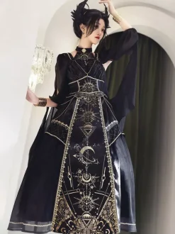 Halloween Robe gothique Lolita sans manches en patchwork noir or