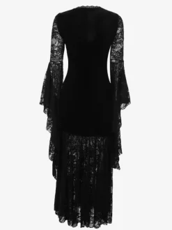 Halloween Robe gothique pour femme tunique longue en velours gothique avec dentelle et chaînes noires