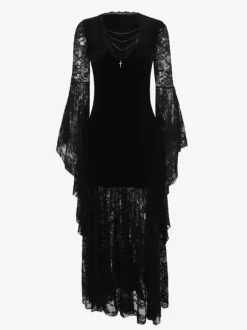 Halloween Robe gothique pour femme tunique longue en velours gothique avec dentelle et chaînes noires