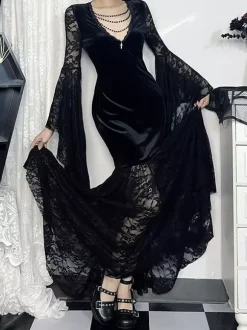 Halloween Robe gothique pour femme tunique longue en velours gothique avec dentelle et chaînes noires