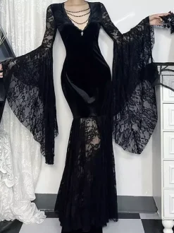 Halloween Robe gothique pour femme tunique longue en velours gothique avec dentelle et chaînes noires