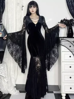 Halloween Robe gothique pour femme tunique longue en velours gothique avec dentelle et chaînes noires