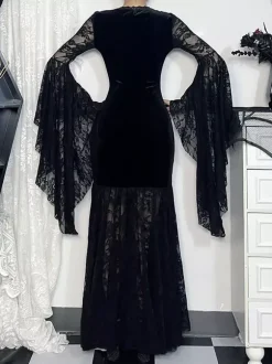 Halloween Robe gothique pour femme tunique longue en velours gothique avec dentelle et chaînes noires