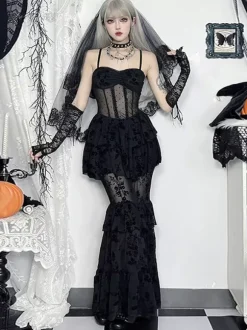 Halloween Robe gothique pour femme en dentelle noire et maille en polyester gothique