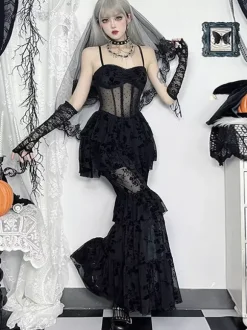 Halloween Robe gothique pour femme en dentelle noire et maille en polyester gothique