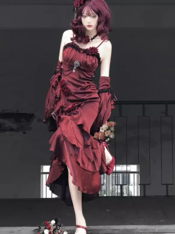 Halloween Robes gothiques Lolita à n艙uds et volants rouges