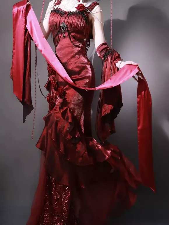 Halloween Robes gothiques Lolita à n艙uds et volants rouges