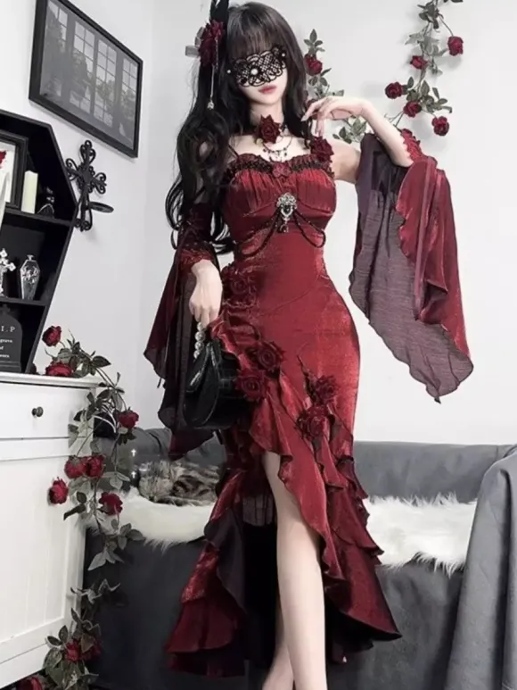 Halloween Robes gothiques Lolita à n艙uds et volants rouges